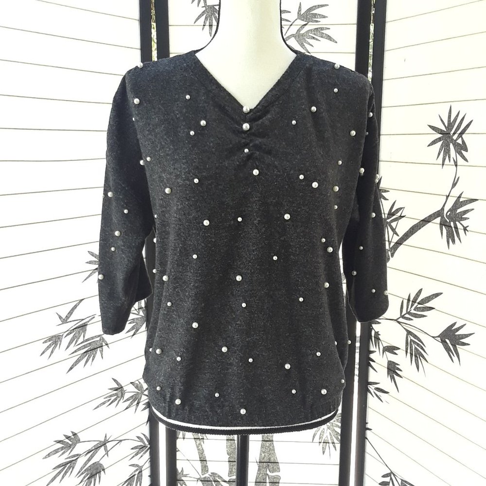 Zara Heather Gray Pearl Embellished Sweater Top